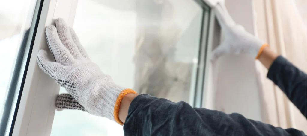 Two gloved hands are carefully installing or adjusting a white-framed window
